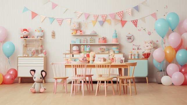 A room with a table, chairs and balloons. Digital image. Birthday party decor.
