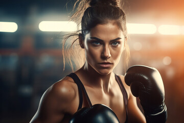 Portrait of a young woman with boxing gloves. Sporty fit femaly self care and defense training....