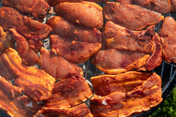Cooking tasty tenderloin meat slices at bbq grill backyard. grilling on charcoal. steaks on the grill. Roasting meat on metal grid on hot charcoal. Grilling barbeque meat on the grill outdoors