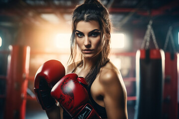 Portrait of a young woman with boxing gloves. Sporty fit femaly self care and defense training. High quality photo - obrazy, fototapety, plakaty