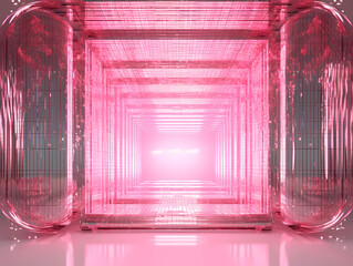 Computer binary code re-envisioned in futuristic style, string thin metallic elements covering the entire frame in subtle pink hues