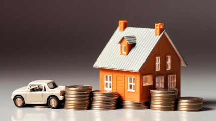 A toy house and car next to a stack of coins. Digital image. Loan or morgage concept image.