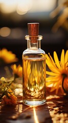 Obraz na płótnie Canvas A bottle of oil sitting on a table next to flowers. Digital image. Orange flowers, vitality