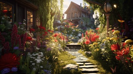 Generative AI, Beautiful summer private garden with many flowers and plants, nature landscape, english countryside cottage style.