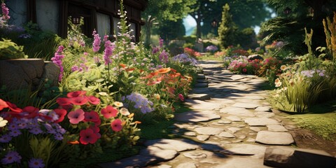 Generative AI, Beautiful summer private garden with many flowers and plants, nature landscape, english countryside cottage style.