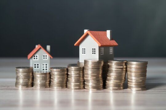 A stack of coins with a model house on top. Digital image. Loan or morgage concept image.