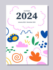 Abstract calendar cover 2024 concept. Ornament from multicolored patterns. Minimalist creativity and art. Template, layout and mock up. Cartoon flat vector illustration isolated on grey background