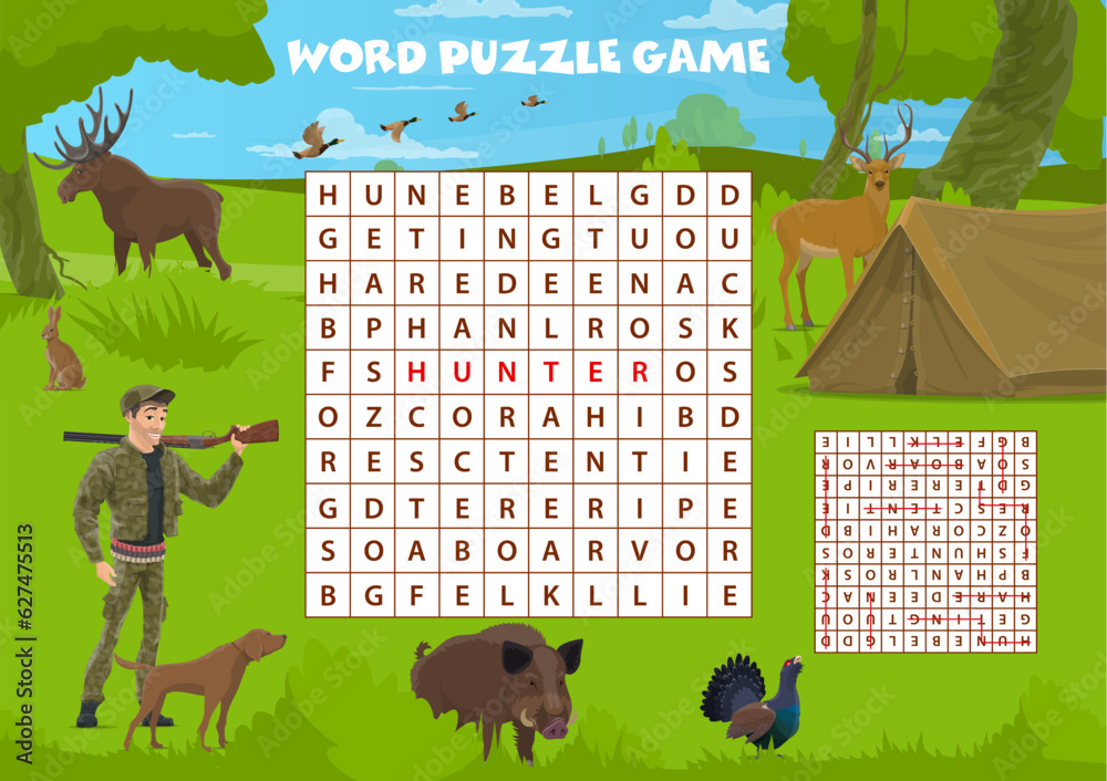 Sticker Word search puzzle game with hunting sport and animals, vector kids worksheet quiz. Word search game with cartoon hunter with rifle gun for wild elk and deer, duck and boar or hare in forest