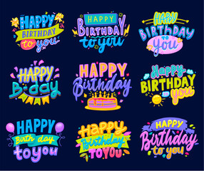 Happy Birthday icons with vector cake, birth day candles and air balloons. Happy Birthday greeting cards or anniversary celebration badges set with cartoon lettering, festive flags and fireworks