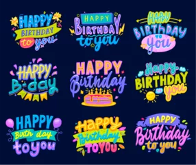 Foto op Plexiglas Happy Birthday icons with vector cake, birth day candles and air balloons. Happy Birthday greeting cards or anniversary celebration badges set with cartoon lettering, festive flags and fireworks © Vector Tradition