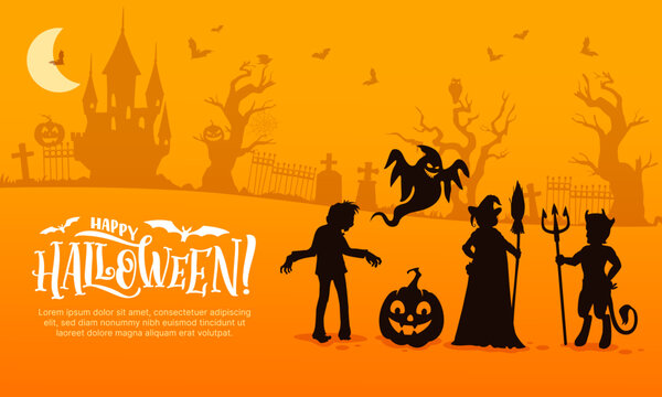 Halloween silhouettes and dark castle cemetery landscape. Vector greeting card with eerie characters, witch with broom, devil, ghost and zombie with pumpkin on graveyard with bats and trees at night