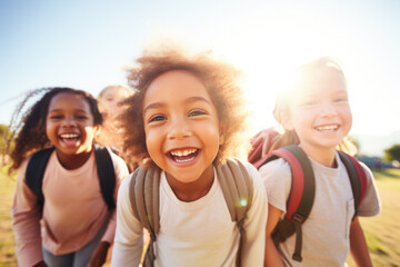 Portrait of a group of children going back to school . Child wearing a backpack ready for the first day of kindergarten