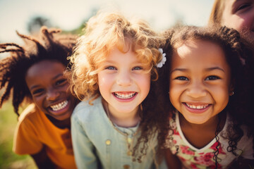 Group of cheerful happy multiethnic children outdoors