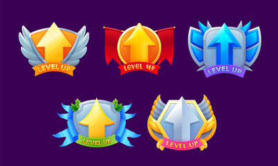 Game level up badges and win icons. Vector bonuses, rank reward emblems set with golden and silver raising arrows, wings and shield. Winner evaluation ui or gui app user interface, rating achievement - obrazy, fototapety, plakaty