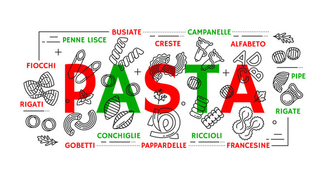 Pasta types banner of Italian cuisine food with penne and pappardelle in line vector. Italian pasta restaurant menu banner with penne lisce, creste and campanelle, gobetti and conchiglie pasta types