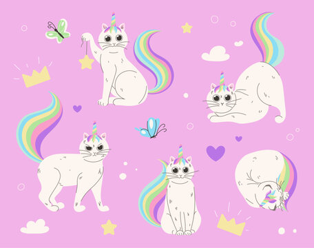 Set of cute caticorns. Fantasy and imagination, fairy tales and fictional characters. Stickers for social networks and messengers. Cartoon flat vector collection isolated on pink background