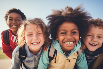 Portrait of a group of children going back to school . Child wearing a backpack ready for the first day of kindergarten