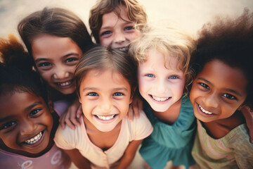 Group of cheerful happy multiethnic children outdoors