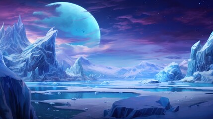 Frozen, snowy wasteland with ice formations, polar animals, and the aurora borealis in the sky game art