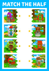 Match half of fairytale cartoon buildings. Vector preschool game worksheet with funny fantasy elf houses. Apple, strawberry, eggplant and watering can, cabbage, boot, windmill and cup on green lawn
