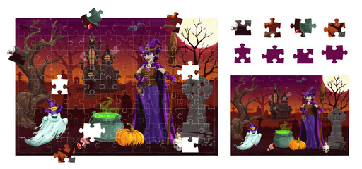 Jigsaw puzzle game pieces. Halloween witch on cemetery landscape. Vector boardgame worksheet with hag character, potion in cauldron, ghost, castle and tombstone under full moon. Kids riddle activity
