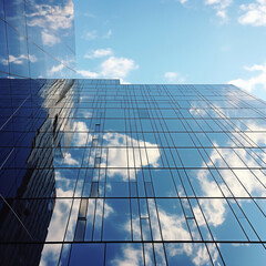 sky being reflected on building blue sky. created using generative ai