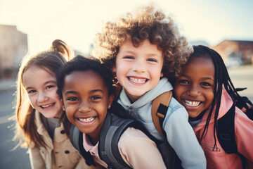 Portrait of a group of children going back to school . Child wearing a backpack ready for the first day of kindergarten - Powered by Adobe