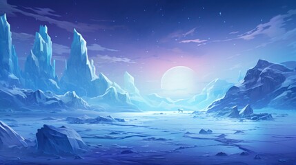 Frozen, snowy wasteland with ice formations, polar animals, and the aurora borealis in the sky game art