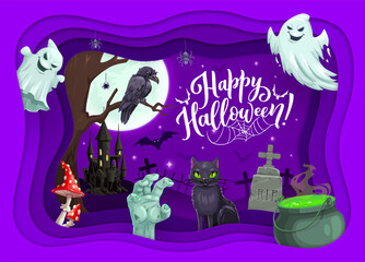 Halloween paper cut with cemetery, castle, holiday landscape and cartoon ghosts. Vector Halloween horror night monsters in layered papercut frame with potion cauldron, moon, bats and zombie hand