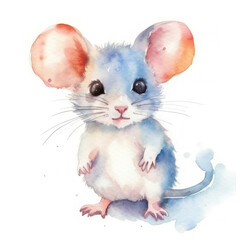 Watercolor cute mouse. AI generative.