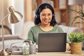 Woman, portrait and smile in home office for call center job, headphones and mic for crm...