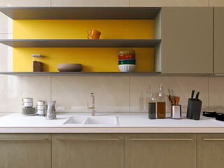Kitchen interior 3d render, 3d illustration