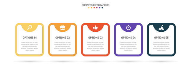 Timeline infographic with infochart. Modern presentation template with 5 spets for business process. Website template on white background for concept modern design. Horizontal layout.