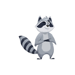 Cartoon raccoon character. Funny zoo animal isolated vector personage, forest fauna cute or childish personage, winking and smiling baby raccoon character standing with hands crossed