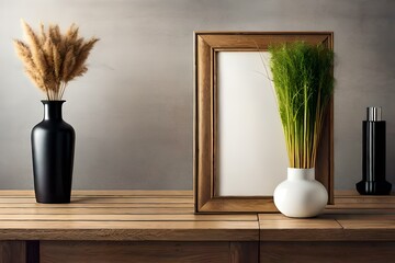 wooden frame mockup for artwork, photo, print and painting presentation. Black and beige vases with dry grass on wooden bench table, bright colors