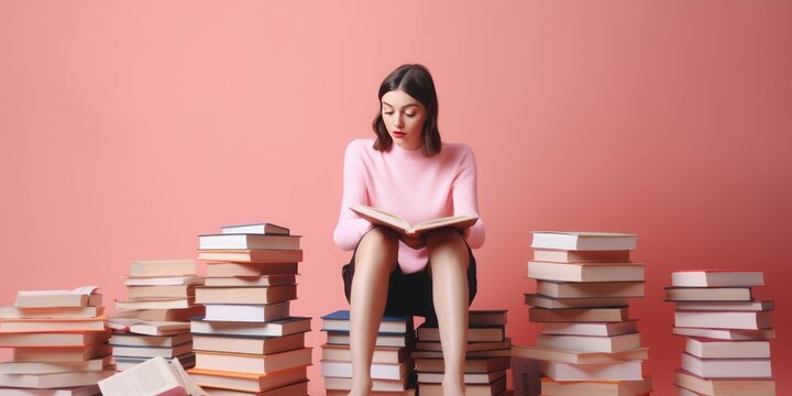 Young Woman Immersed in reading, Surrounded by Books on a Serene Light Pink Background, Embarking on an Intellectual Journey of Wisdom and Imagination