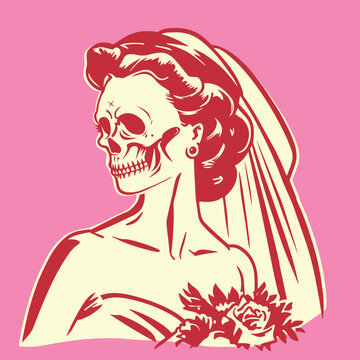 vintage cartoon illustration of a skull bride
