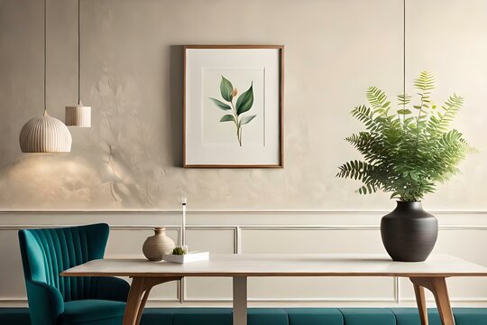 wooden picture frame, poster mockup hanging on beige wall background. Vase with green eucalyptus tree branches on table, bright colors