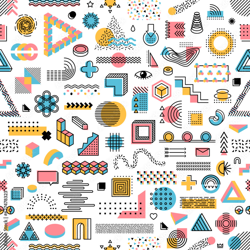 Poster memphis geometric shapes seamless pattern. vector tile background inspired by the memphis design mov