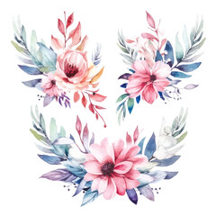 Whimsical Floral Watercolors: Fairy Arrangements on White Background