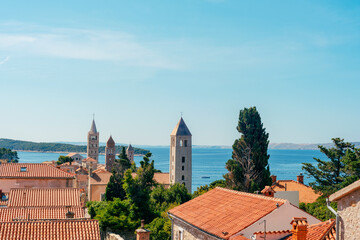 Skyline of the beautiful town of Rab with its towers. Rab island, Croatia