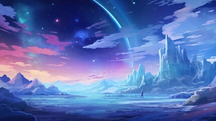 Frozen, snowy wasteland with ice formations, polar animals, and the aurora borealis in the sky game art