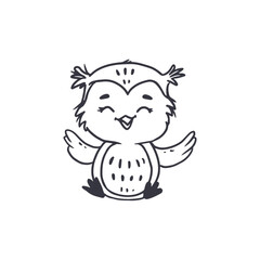 Cute cartoon owl on white. Owlet in doodle style. Coloring for kids. Vector illustration