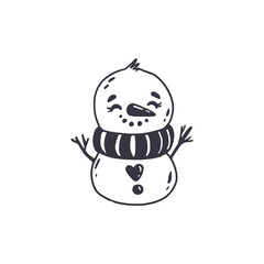 cute cartoon snowman with a scarf. Doodle style. Christmas Coloring. Vector