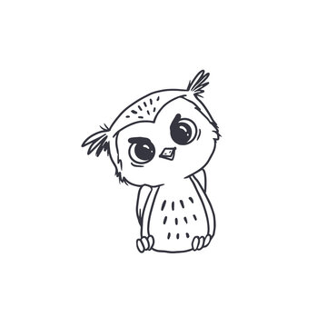 cute cartoon owl on white. Owlet in doodle style. Coloring for kids. Vector illustration