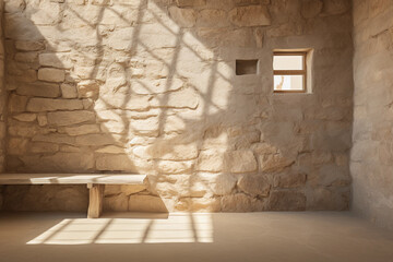 An empty medieval room. A wall of light beige stone. Beautiful daytime light and shadows. Background for mockup with copyspace.