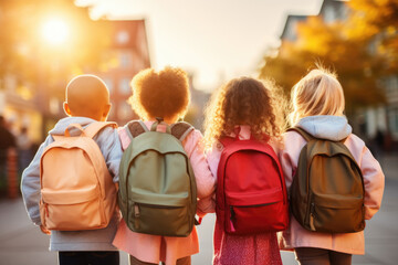 Group of children going back to school . Child wearing a backpack ready for the first day of kindergarten. Back view