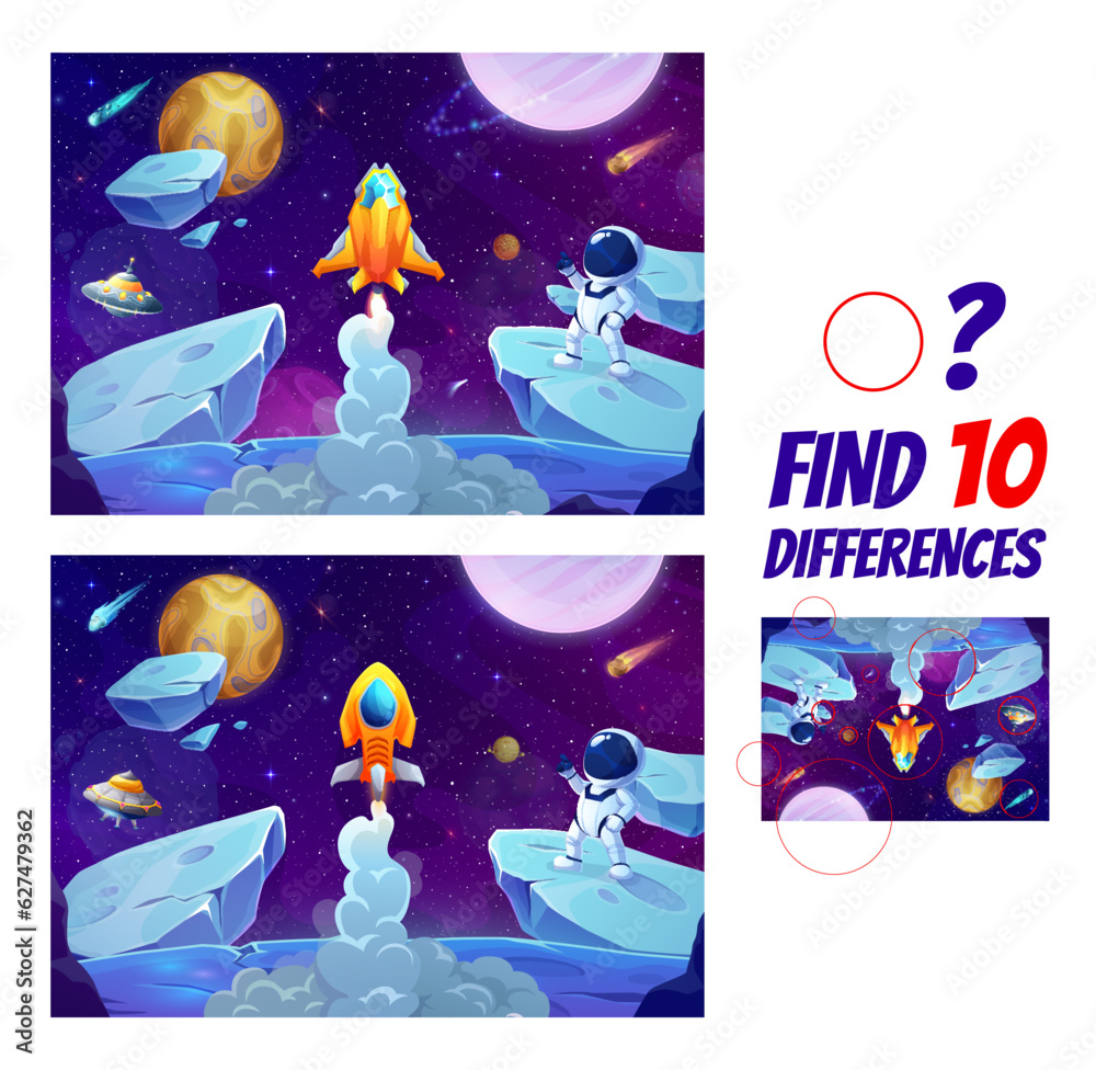 Leinwandbilder find ten differences on space landscape with astronauts and galaxy planets. vector kid board game wo
