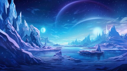 Obraz na płótnie Canvas Frozen, snowy wasteland with ice formations, polar animals, and the aurora borealis in the sky game art