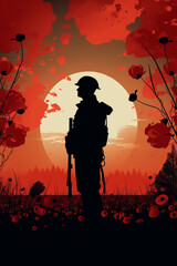 Remembrance Day bakground with World War One soldier and red poppy flowers. Generative AI - obrazy, fototapety, plakaty